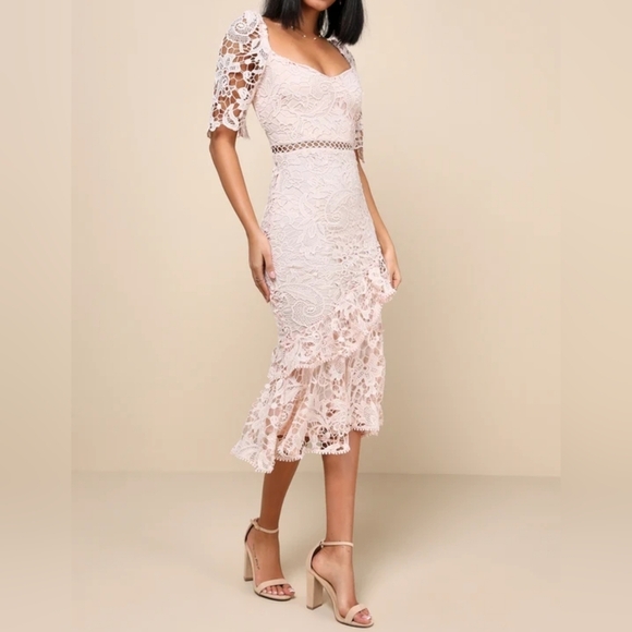 Lulus Briarwood Blush Pink Lace Short-Sleeve Trumpet Hem Ruffled Midi Dress - Picture 2 of 16